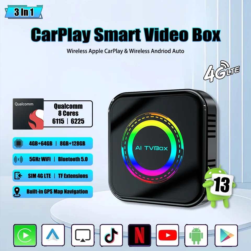 

New Mini CarPlay Box Andriod 13.0 & Apple CarPlay & Android Auto 3in1 Smart Multimedia Box Built-in Netfilx Youtube Google Play