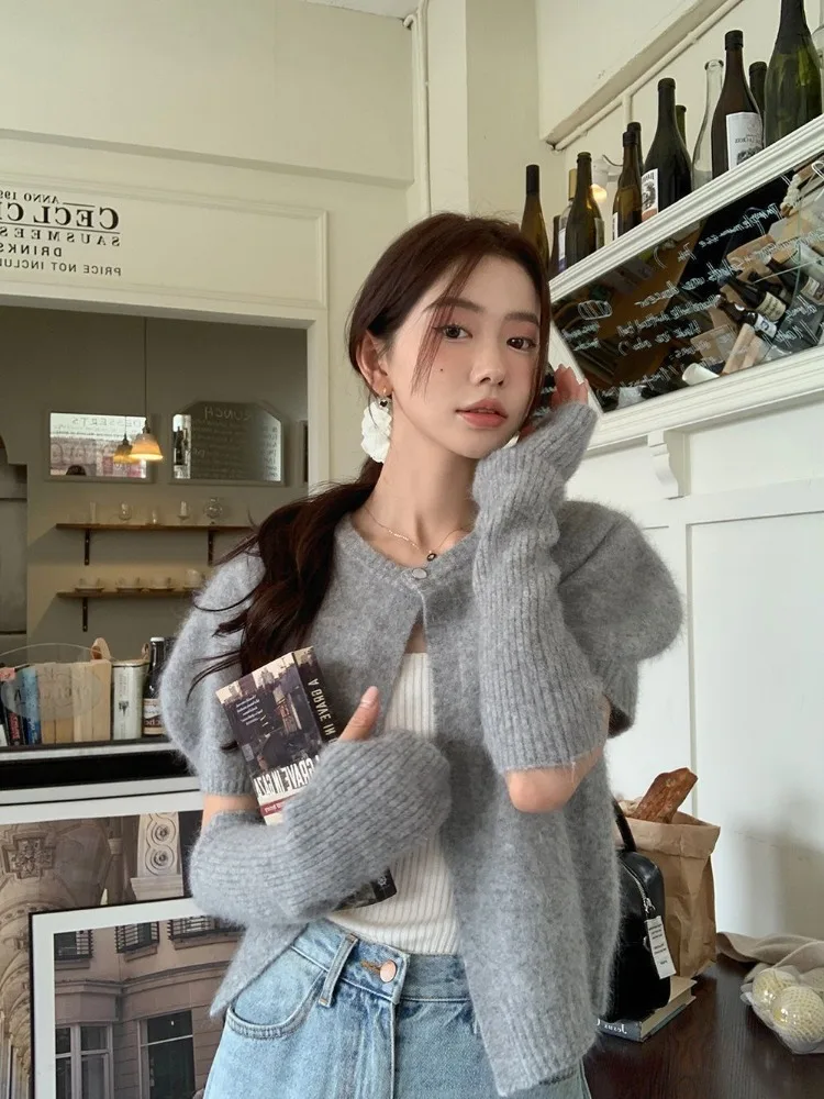 Deeptown Sweet Pink Women Sweater Cardigan Korean Style Old Money Elegant Autumn Outerwear Coquette Casual Puff Sleeve Knitwear