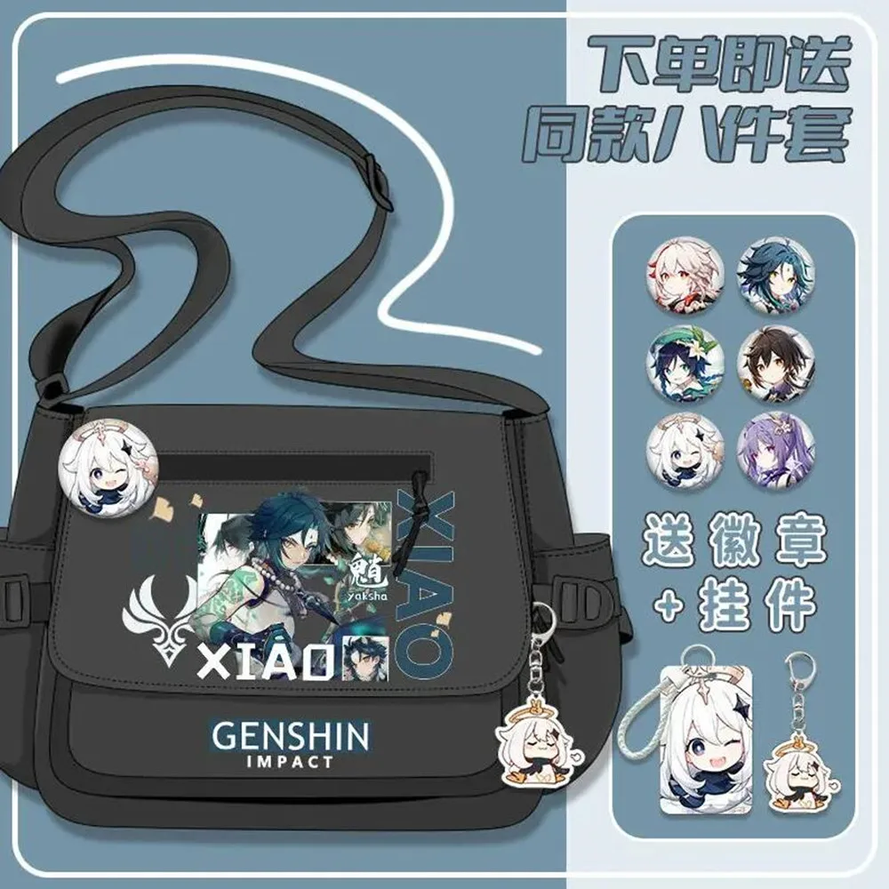 Anime Genshin Impact Xiao Hutao Badges Shoulder Bag Handbag Black White Messenger Cartoon Front Zipper Crossbody