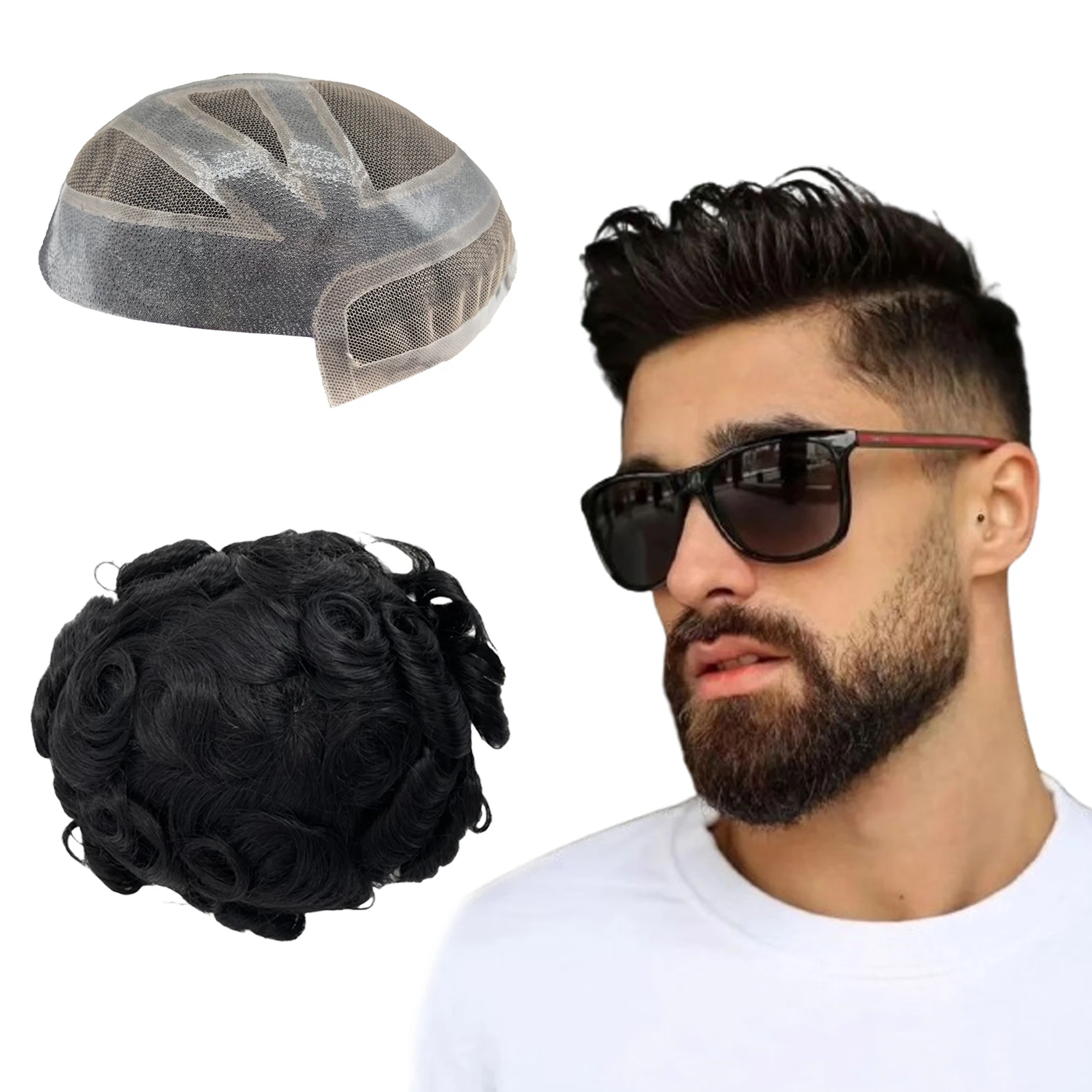 N.W-Mono com laço do plutônio para homens, Toupee preto natural, laço dianteiro, onda 25mm, 9*6