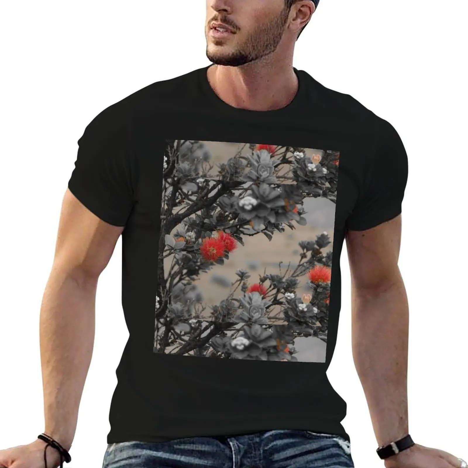 Black and White Beautiful Red Hawaiian Flower Ohi'a Lehua From Big Island Hawaii T-Shirt Work Basic Short Sleeve Top