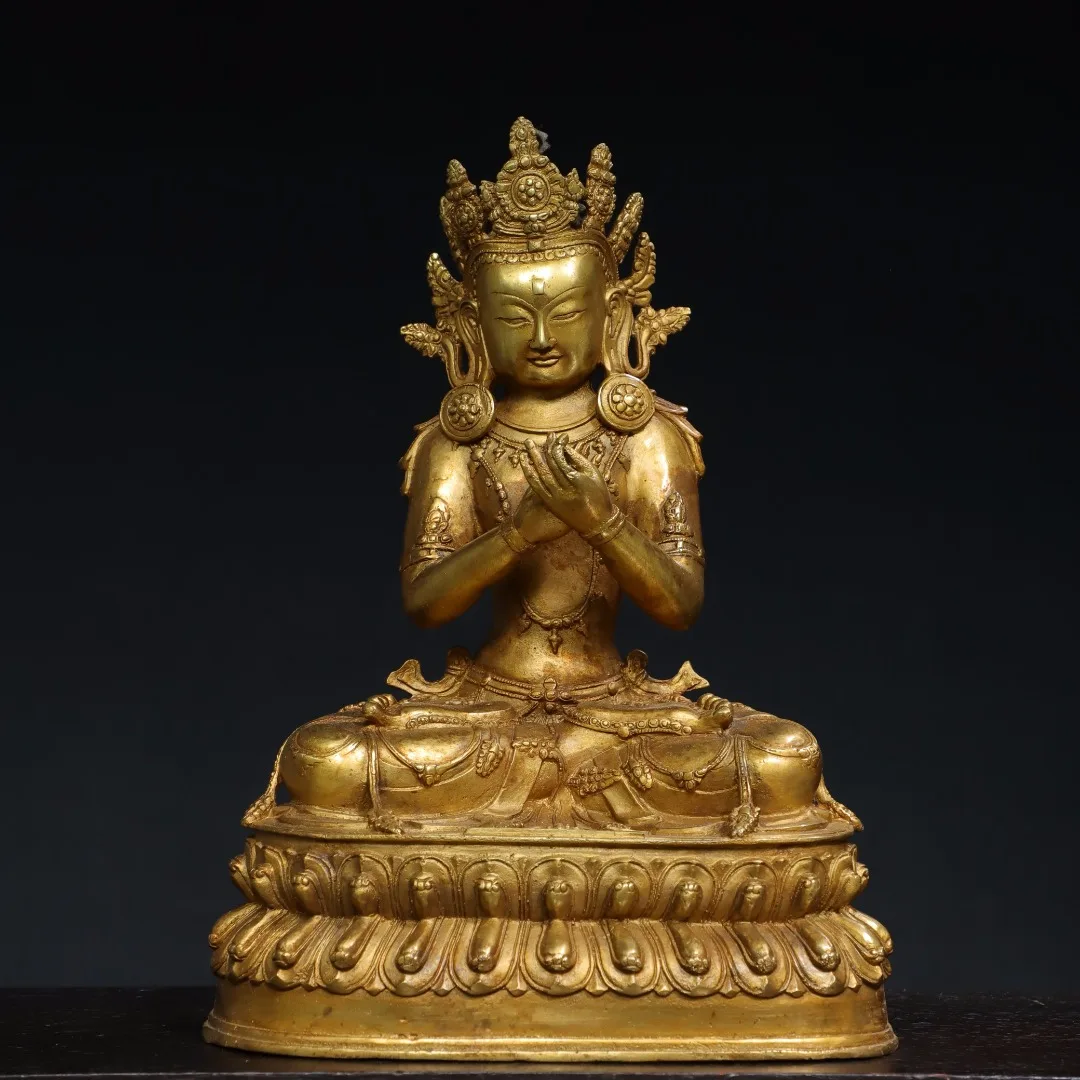 

13"Tibetan Temple Collection Old Bronze Cinnabar Mud gold Vajradhara Diamond Master Sitting Buddha Lotus Platform Worship Hall