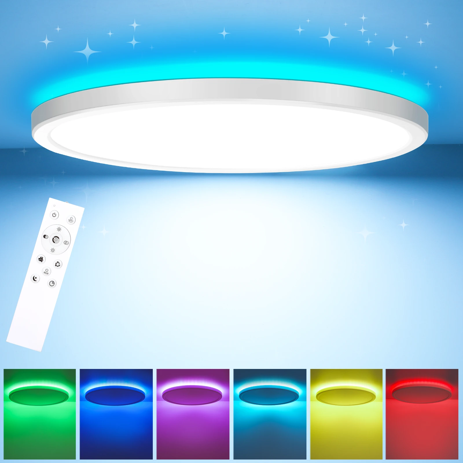 LED-Deckenleuchte, 4 Stück, 24 W, 2400 lm, 3000 K–6500 K, IP44, wasserdicht, RGB-Farbwechsel, dimmbar, mit Fernbedienung, flache Lampe, Schlafzimmer