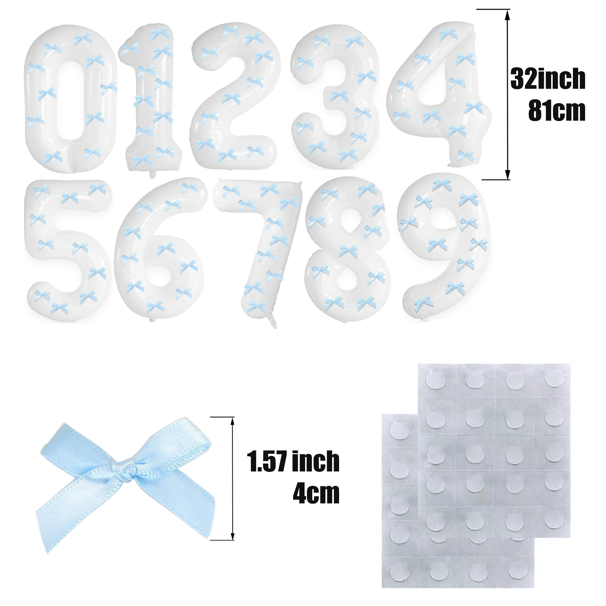 32-inch white aluminum foil digital balloon+10PCS Sky blue bow set, birthday party decoration, large size 0-9