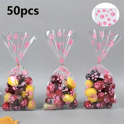 50pcs Pink Dog Paw Print Cellophane Bags Plastic Treat Favor Bag Animal Pet Paws Themed Gift Bag Birthday Party Supplies Decor