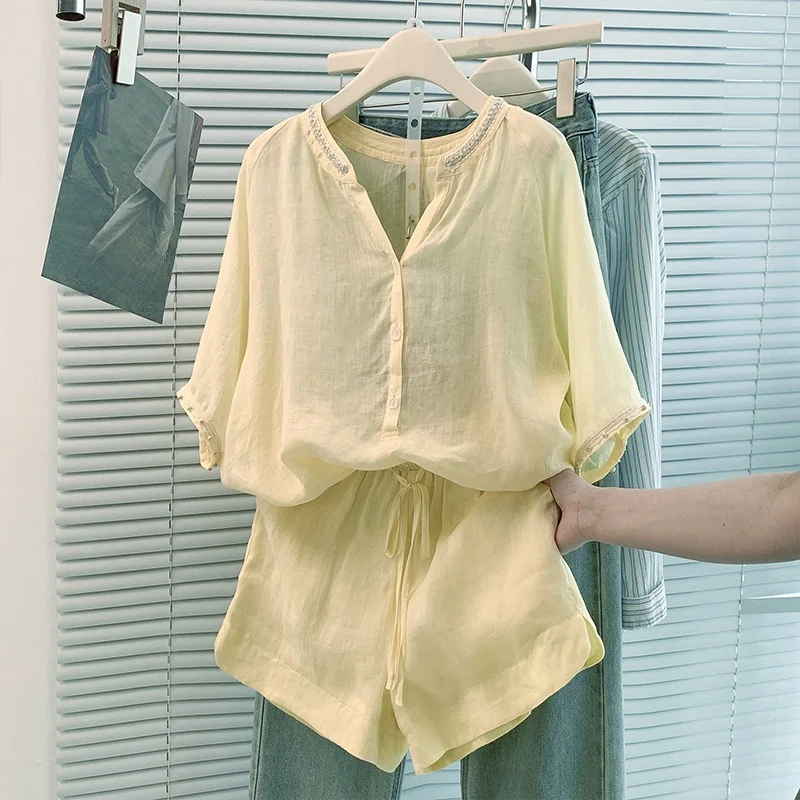 

Повседневный женский комплект из чистого хлопка Loose ort Sve с микроперфорацией и бисером, универсальные orts Lazy Sle Top Bot