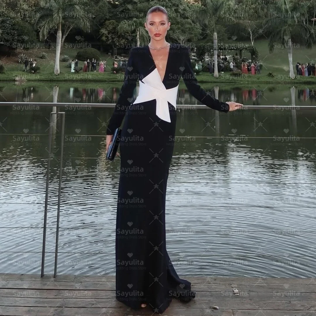 فساتين سهرة Sayulita سوداء للحفلات الراقصة مثيرة بياقة على شكل V وأكمام طويلة فستان أنيق للحفلات بسحاب خلفي للمناسبات الخاصة حسب الطلب