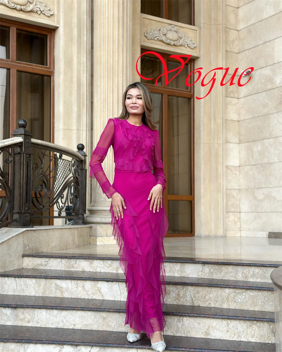 

Customized Exquisite purplish red Chiffon Evening Dress Delicate Crew Neck Long Sleeves Zipper Back Special Occasion Gowns