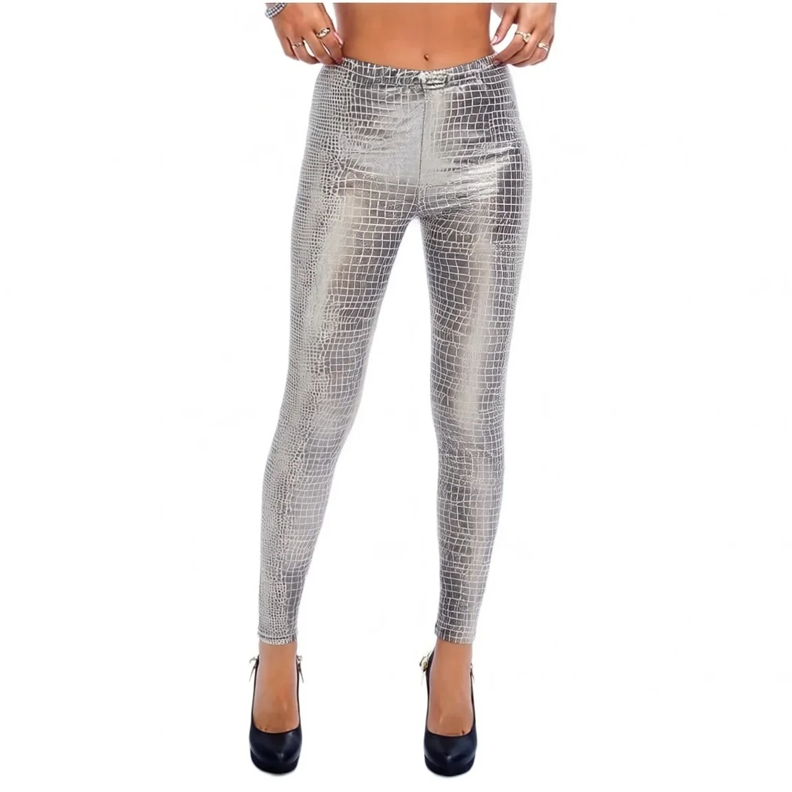 Silberne Leggings mit Schlangenhautmuster für Damen, metallisch glänzend, hochtailliert, schmale Hose, aus Kunstleder, dehnbar, für Clubwear und Partys. – Detail 2