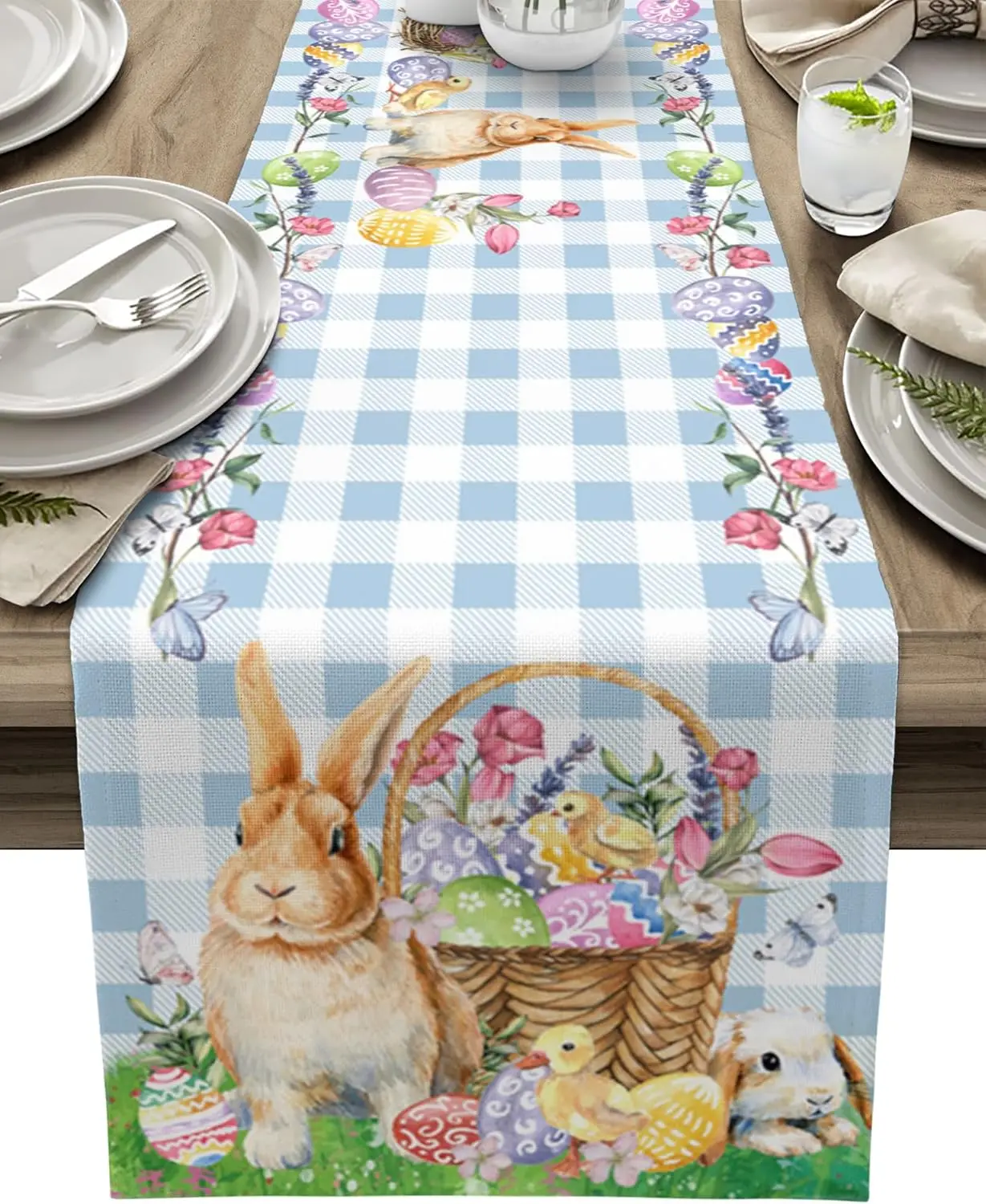 Easter Eggs Chick Bunny Buffalo Plaid Linen Table Runner Dresser Scarf Spring Flowers Dining Table Runners Holiday Party Decor