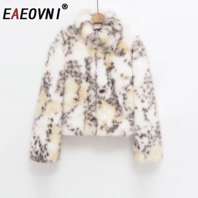 EAEOVNI Moda Inverno Nuova Giacca in Pelliccia Sintetica Donna Contrasto Stampa di Colore Risvolto Manica Lunga Cappotto Streetwear 2025 Abbigliamento Femminile