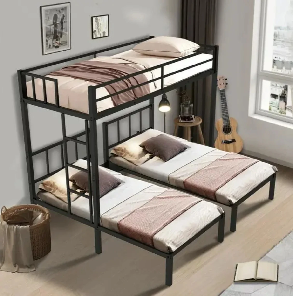 European Style Metal Loft High Bed Empty underneath Staggered Bunk Bed Design for Children and Parents for Living Room