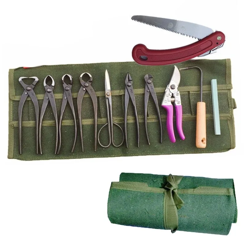 Juego de herramientas para bonsái, bolsa de almacenamiento de herramientas de poda de jardín, tijeras de podar profesionales, Kit de herramientas de lona, herramientas manuales multifuncionales, 10 Uds.