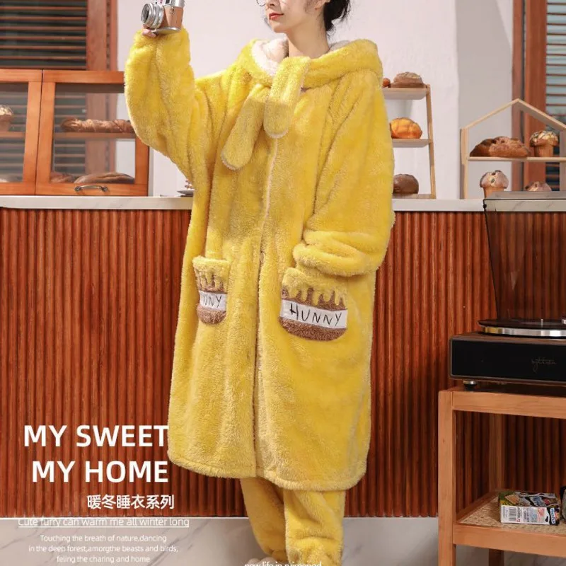 Women\'s Plush Fuzzy Pajamas Autumn and Winter New Winnie the Pooh Bear Robe and Pants Couple\'s Thickened Plush Household Suit