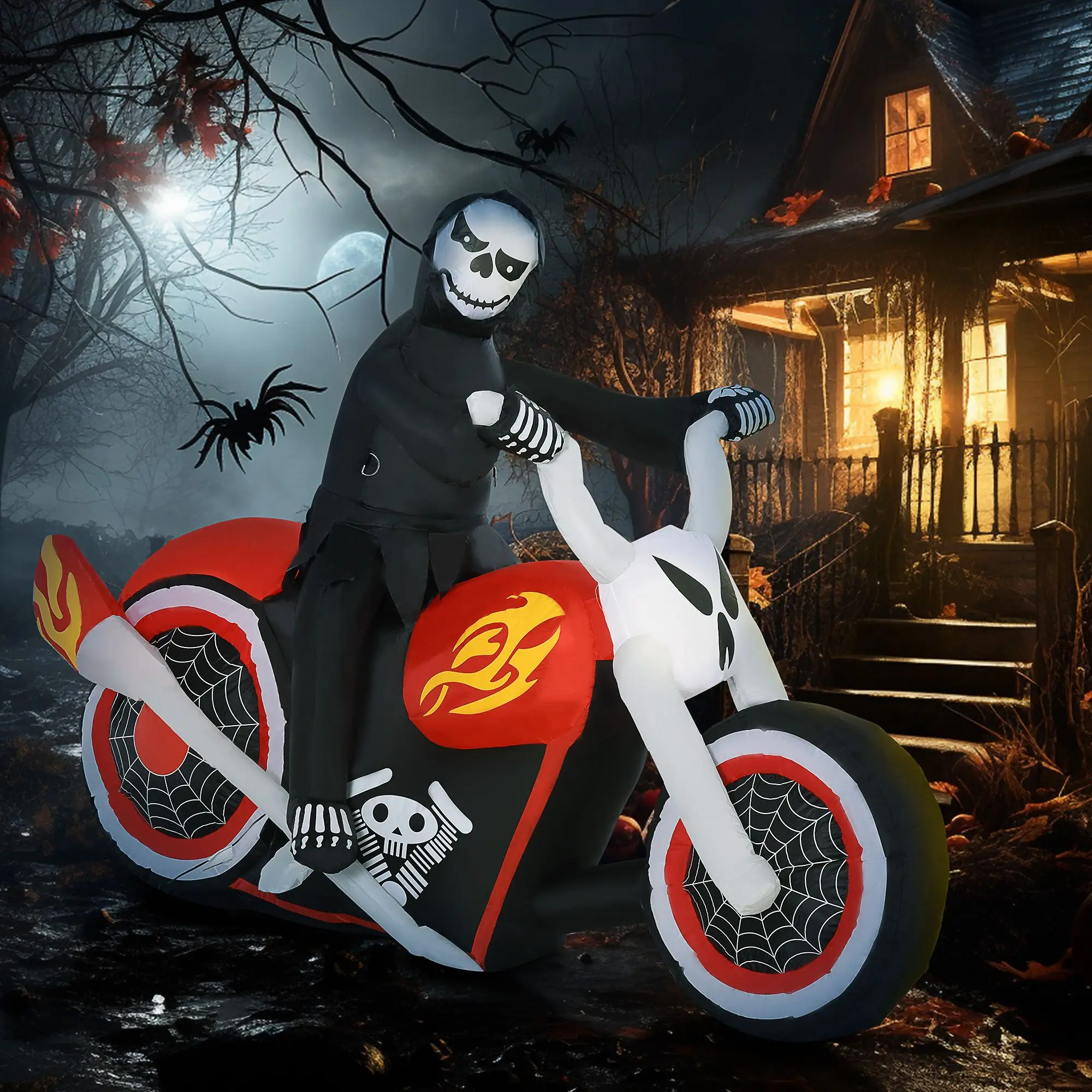 7.5' W Halloween Inflatables Outdoor Decorations Grim Ghost Biker, Blow Up LED Yard Decor for Garden, Lawn, Party, Holiday