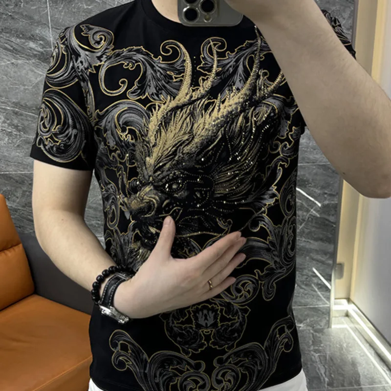 2024 Summer Animal Dragon Rhinestone Print Tee Shirt Men Fashion Brand Personality Short Sleeve T-shirt Hot Diamond Top Homme