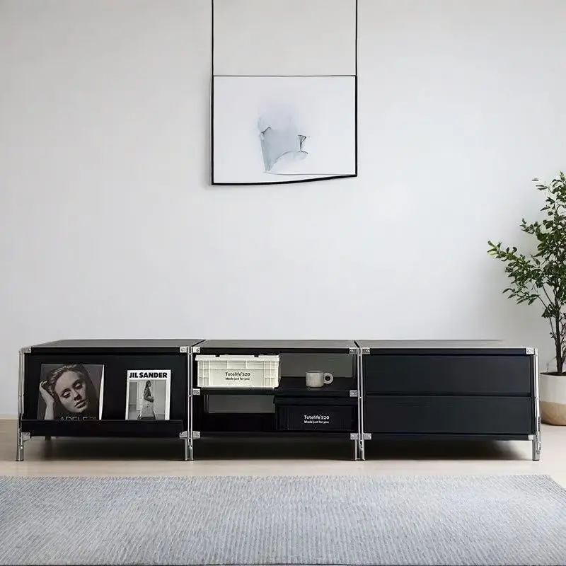 

Stainless steel Bauhaus black TV cabinet steel frame combination living room storage rack floor storage cabinet