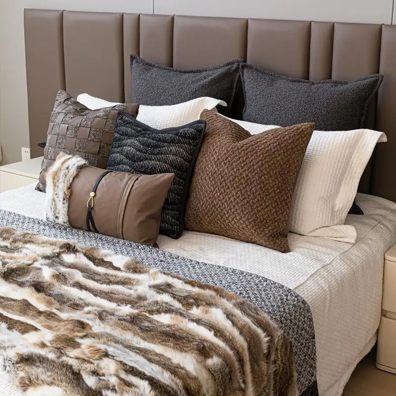 Design Luxury Cushion Cover 30x50cm Yellow Brown Rabbit Fur Patchwork Waist Pillowcase For Home Hotel Bed Living Room Sofa