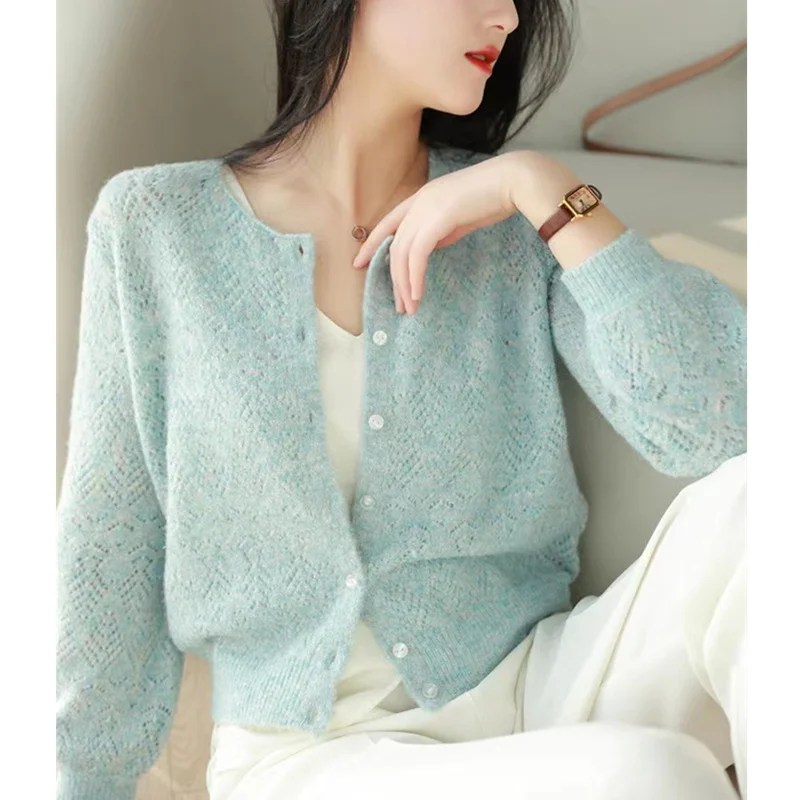 Fashion hollow-out 100% pure wool cardigan women spring and autumn round neck sweater short sweater loose cashmere small coat