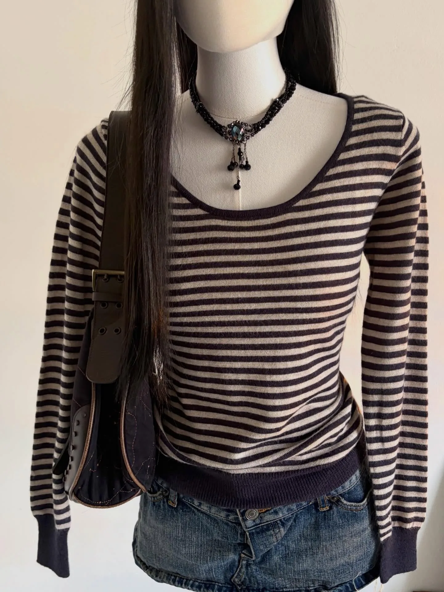 Grunge Vintage Women Striped Knitted Top U‑Neck Long Sleeve Slim Fit Y2K Retro Basic Casual Fitted Sweater