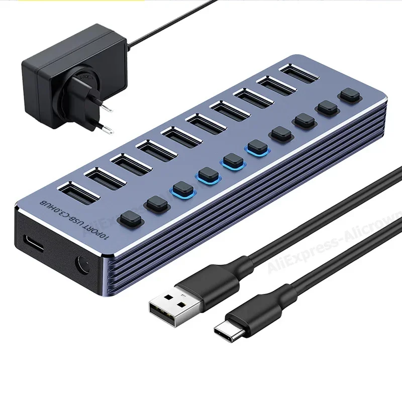 Hub USB 10/7 portów USB 3.0 5Gbps Aluminiowy Rozdzielacz Wielofunkcyjny Dock z Przełącznikami Włączania/Wyłączania Zasilacz 12V do Komputera PC Laptopa — zdjęcie produktu 7