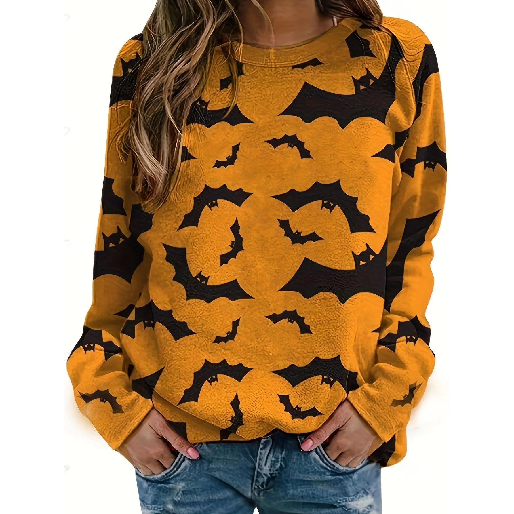 loween Pumpkin Print Long Sve Sweatirt Casual Sle Polyester Fabric round Ne Overhead Women's T-irt