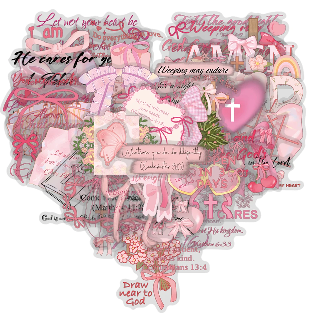 50PCS Pink Bow Bible Stickers Aesthetic Stationary Harajuku Bicycle Laptop Luggage Phone DIY Art Picture Suitcase Sticker