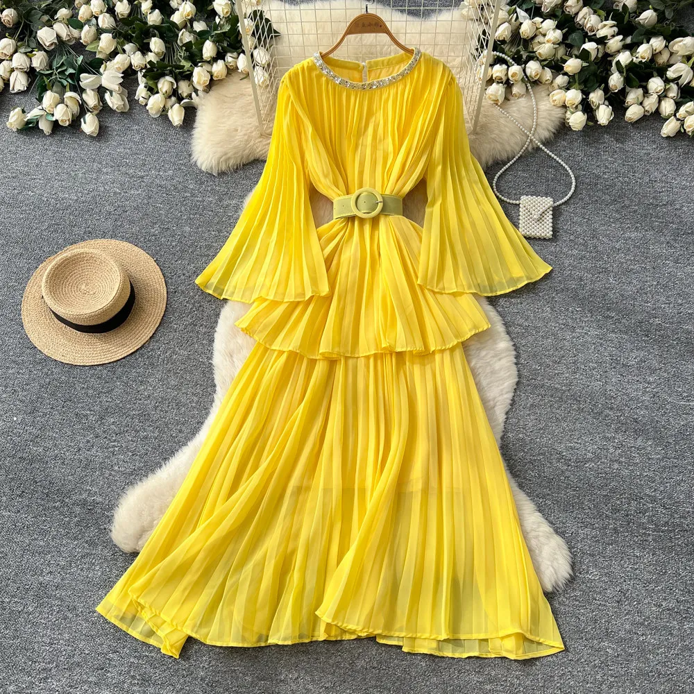 

Women Dresses Long Dress Tight Waist A Line Vestidos Y2k Streetwear Round Neck Flare Sleeve Elegant Pleated Party Night 2026