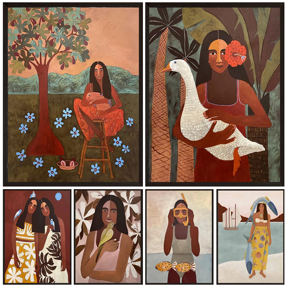 Tropical Boho Woman Canvas Wall Art Set Retro Flat Figure Print Poster Rabbit Goose Bird Painting For Living Room Bedroom Decor