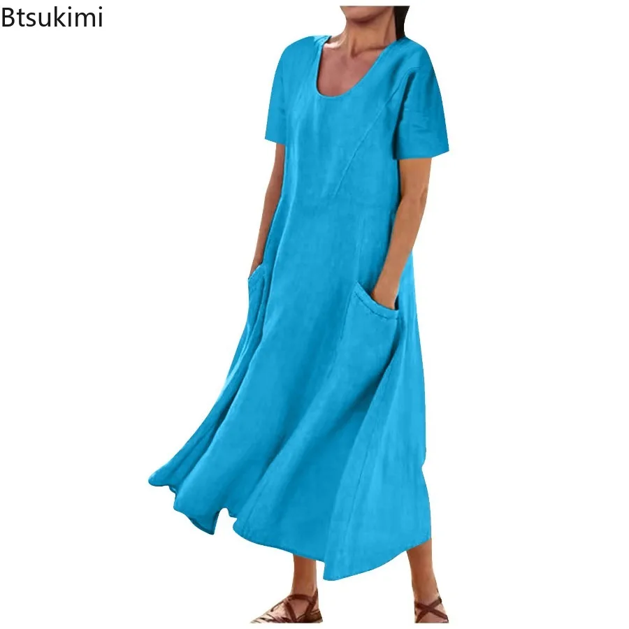 

2025 Summer Dresses Women's Short-sleeved Cotton Linen Maxi Dress Comfortable Loose Casual Pocket Dress Solid Simple Beach Dress