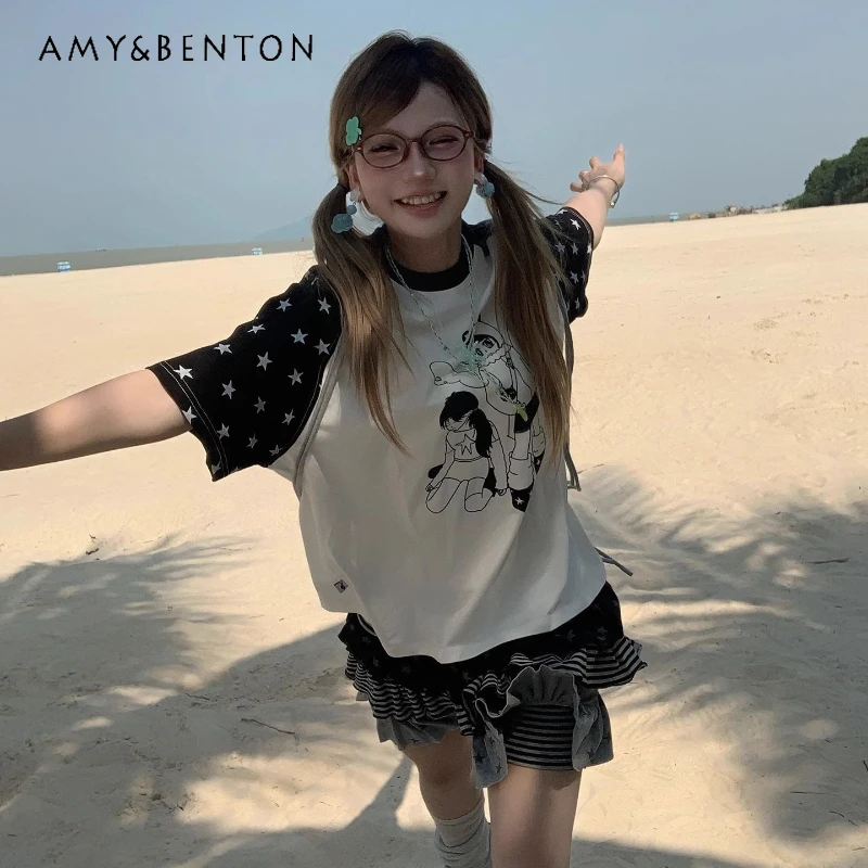 

Japanese Sweet Round O-Neck Cartoon Print Women's Short-sleeved T-shirt Summer New 2D Printing College Versatile T-shirts Ladies