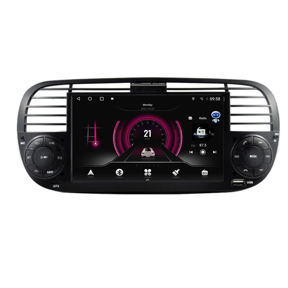راديو سيارة أندرويد 7 بوصة لشركة فيات 500 2007-2015 أندرويد 14 Carplay نظام تحديد المواقع والملاحة مشغل وسائط متعددة أبيض أسود