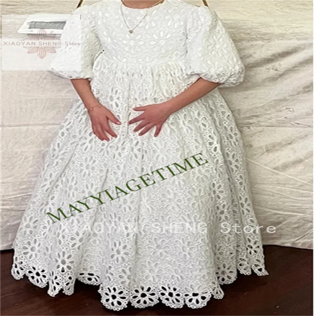 

Half Sleeve White Lace Flower Girl Dress For Wedding Puffy Balloon Sleeve Pricness Pageant Birthday High Neck Girl Dresses