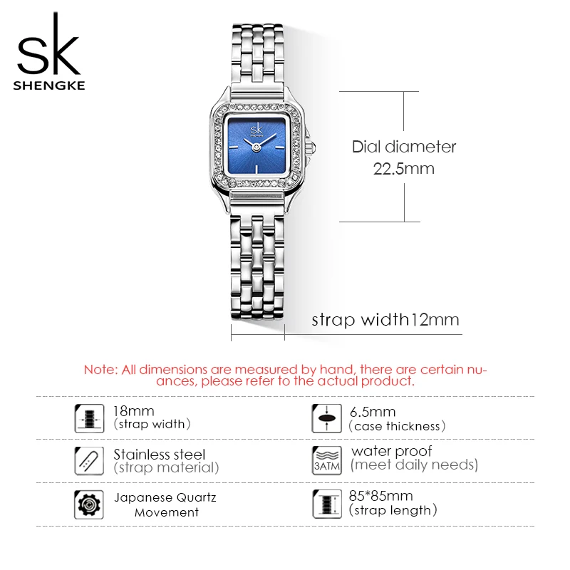 SHENGKE Elegant Silver Stainless Steel Women Watches Fashion Small Dial Square Woman\'s Quartz Wristwatches Ladies New Gift Clock