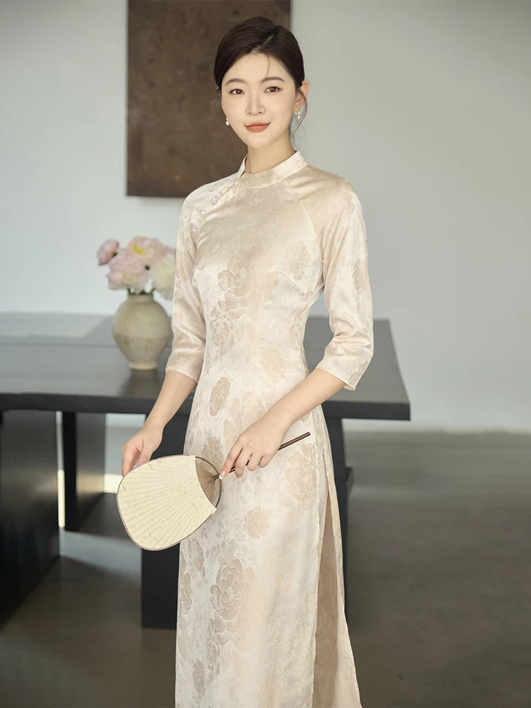 

New Chinese Sle Summer 2025 an Peony Embroidered AoDai Top And Bot Set Women's Traditional Nationa...