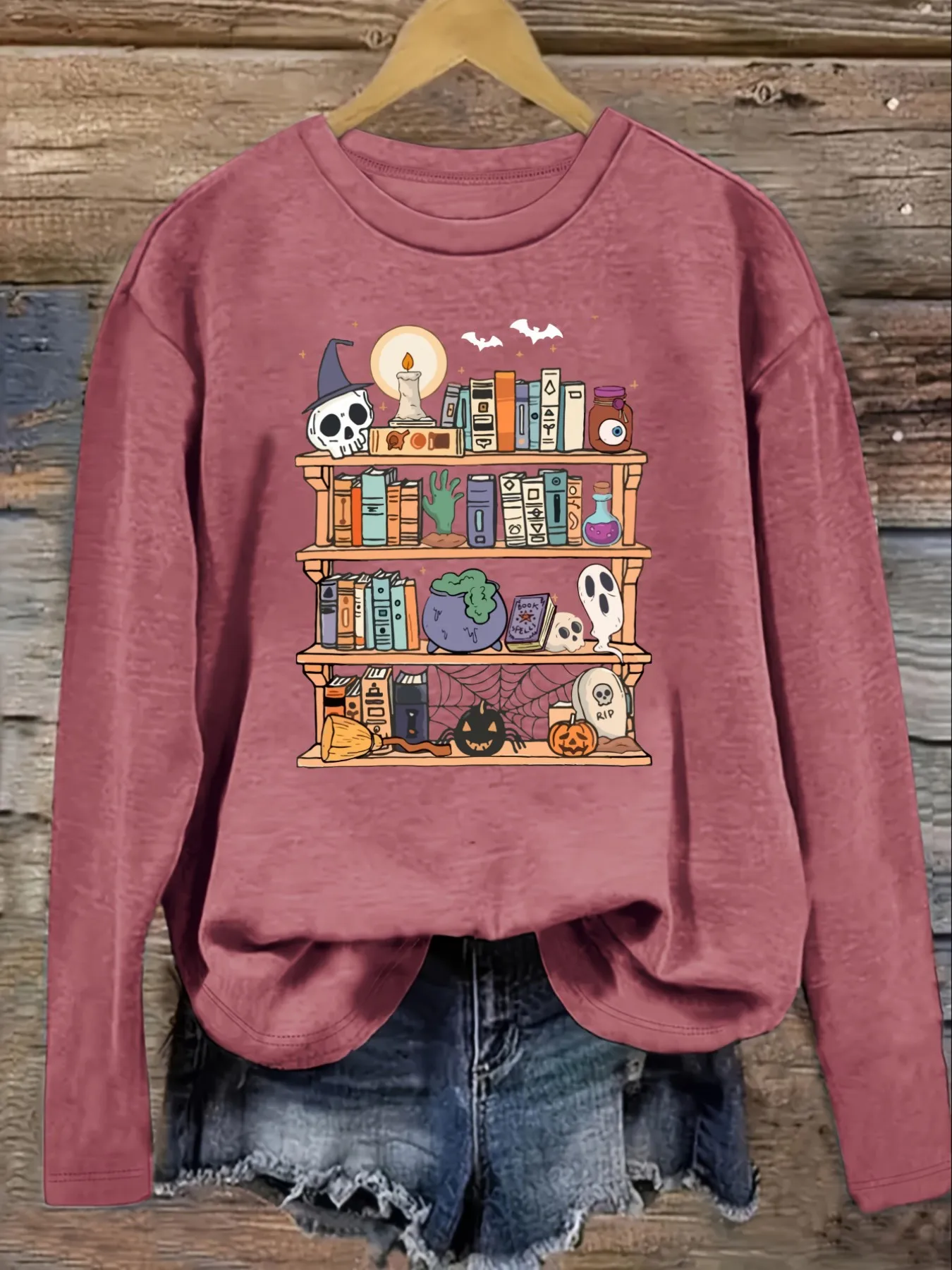 Women's Casual Long Sleeve Crew Neck T-Shirt Halloween Bookshelf With Skull Books Design, Round Neck Women's Clothing, Machine Washable, Slightly Elastic, Loose Fit, Spring Autumn Winter Women's T-Shirt, Halloween Costume Outfit view 3