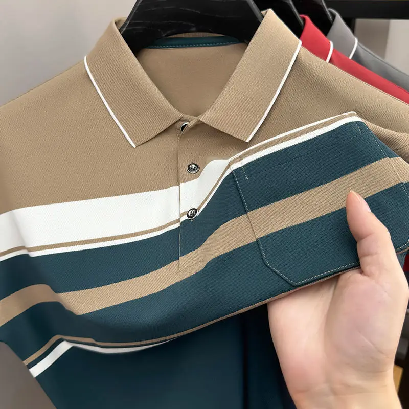 Summer Men's Short Sleeve Striped Casual Real Pocket Loose Polo Shirt