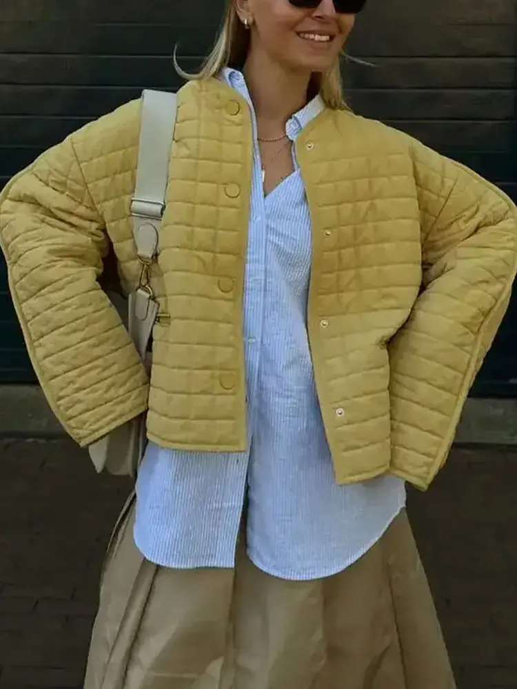 2025Winter Dame Zakken Streetwear Dames Nieuw Bovenkleding Casual Vrouw Gewatteerde Jas Effen O-hals Losse Single Breasted