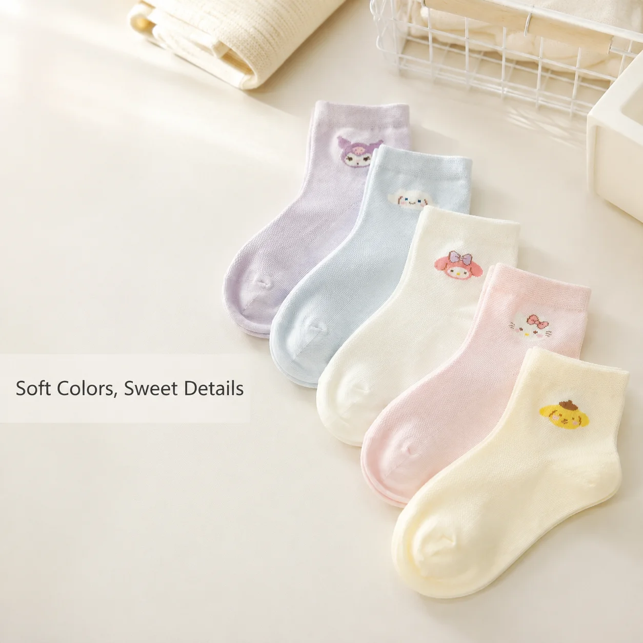 5Pairs Kids Girls Mid‑Calf Socks Cute Cartoon Embroidery Mesh Breathable Soft Elastic Children Daily Socks