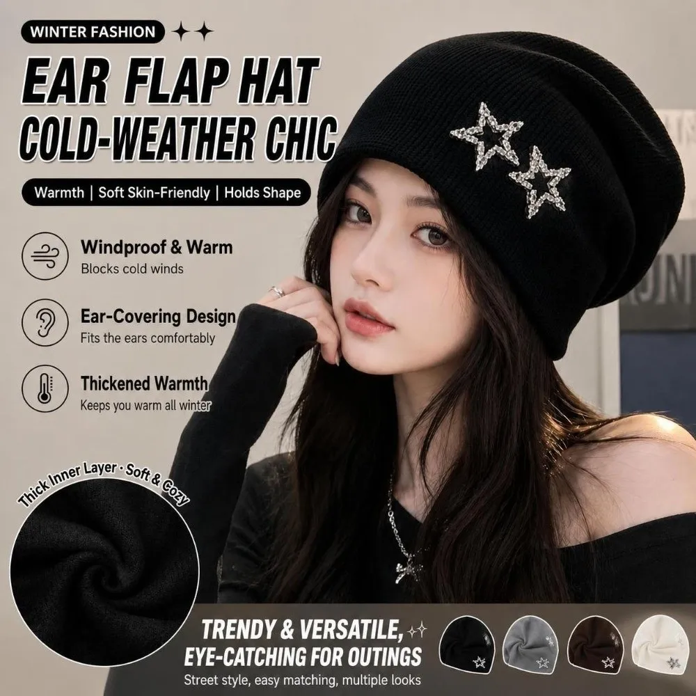 Bling Bling Decor Star Beret Hat Ear Protection Elastic Slouchy Skull Cap Warm Knit Brimless Cross Beret Cap For Women Girls
