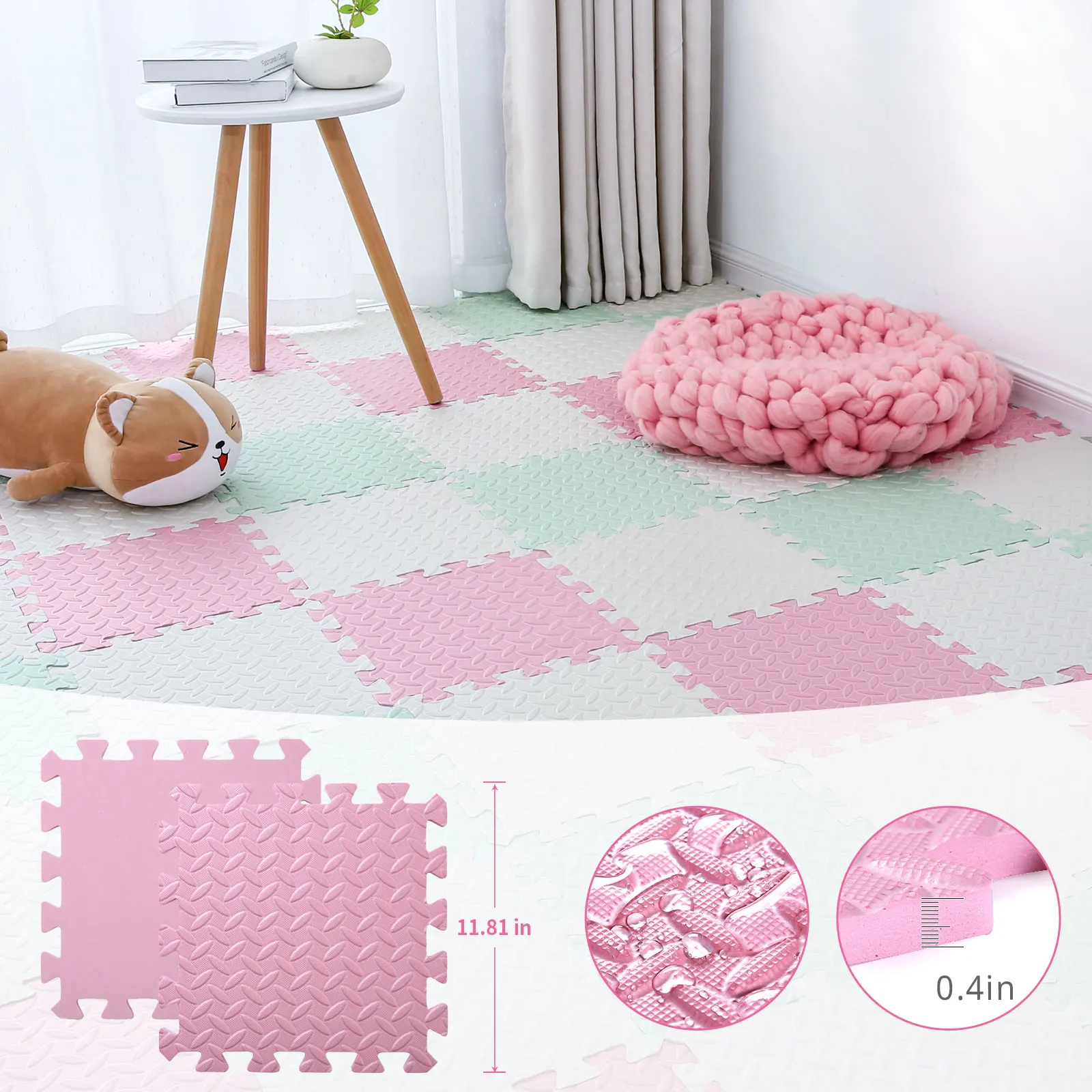 Tamiplay Thick Square Puzzle Mat 0.4 Inch/16pcs,30*30cm EVA Foam Baby Play Mat for Children Room Activities, Pink/green/white