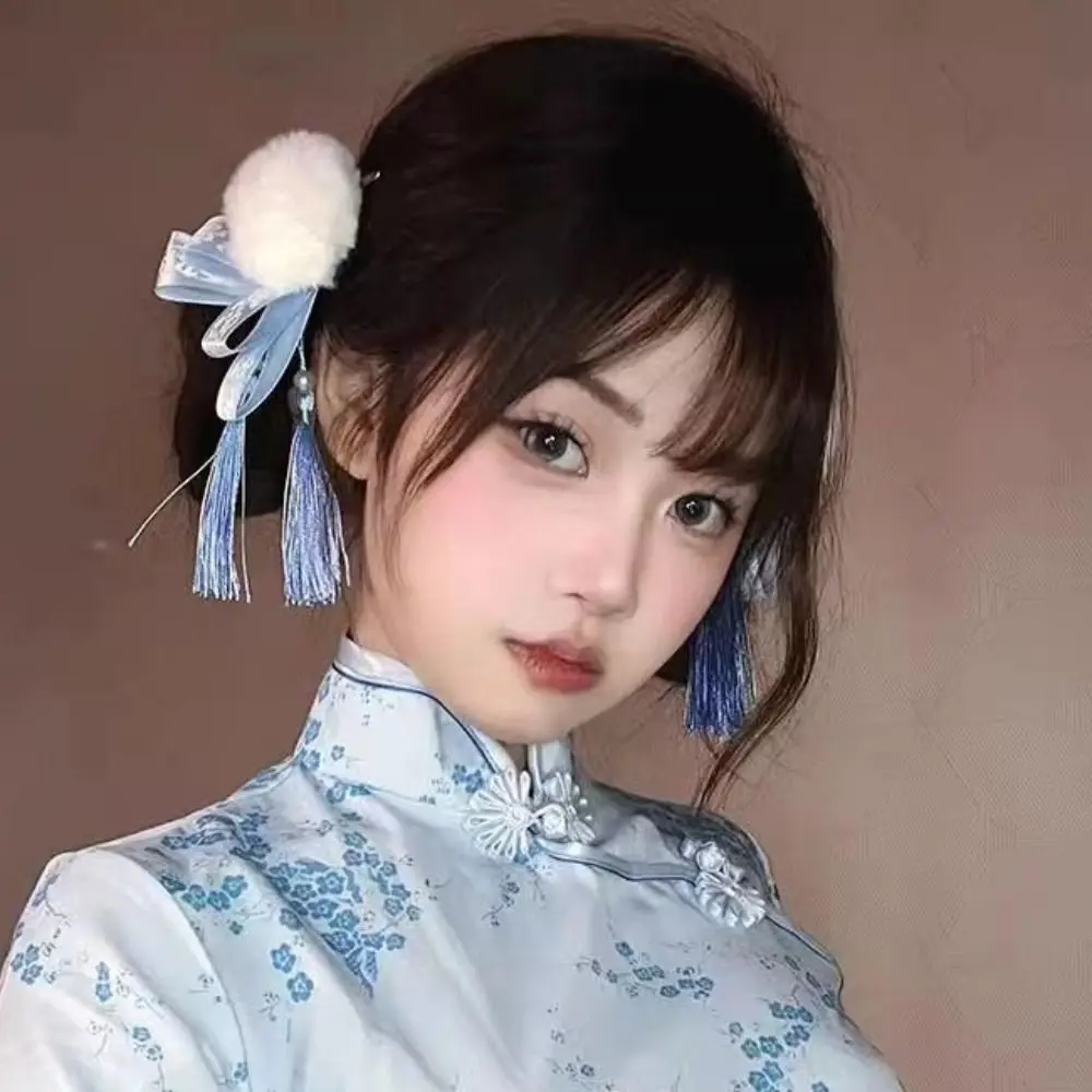 Cloth Chun-Li Hair Bun Clip Barrettes Duckbill Clip Bowknot Tassel Hair Clip Hair Accessories Tassel Chinese Style Hairpin Party