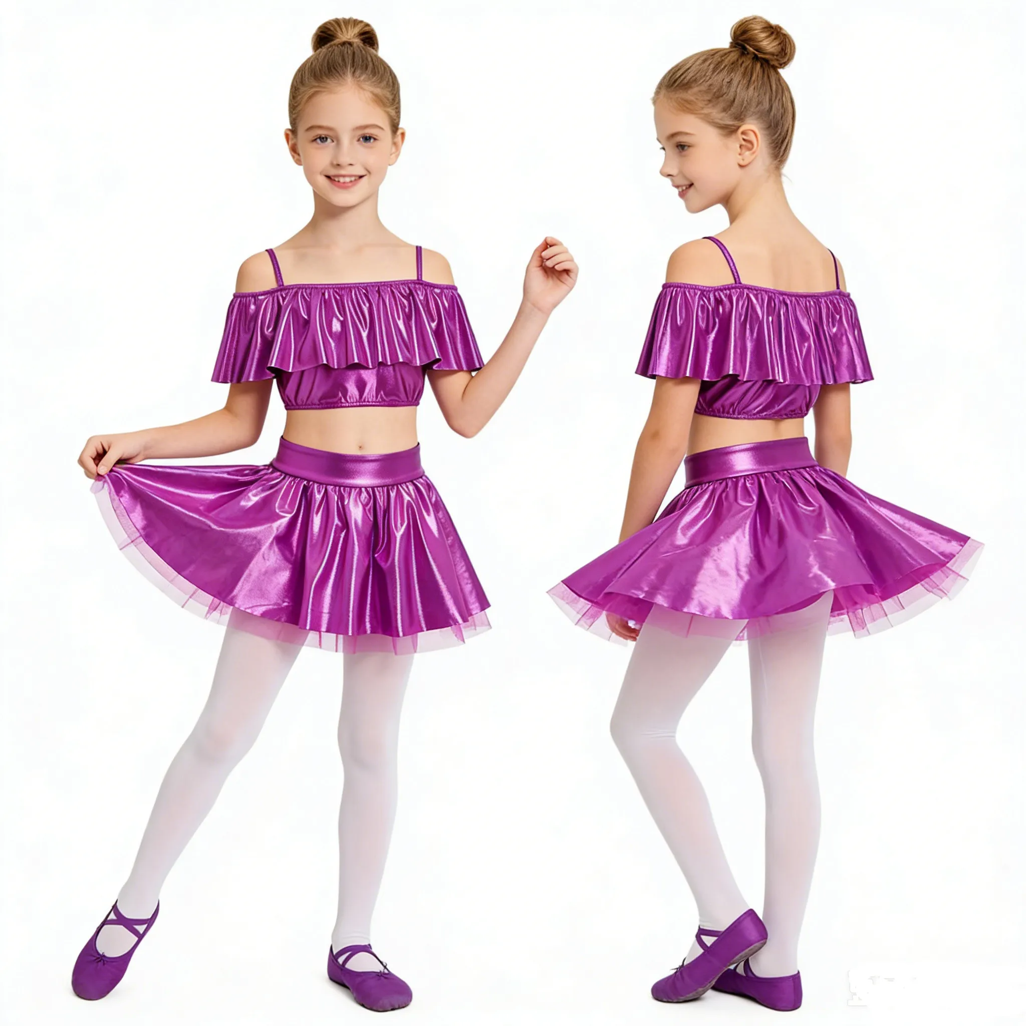 Kids Girls Metallic Shiny Jazz Dance Outfit Off Shoulder Ruffles Crop Top with Mesh Tutu Skirt Cheerleading Performance Costume