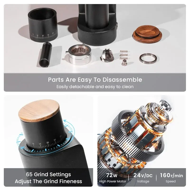 

In stock Al-alloy Body 420 Stainless Steel Conical Burr Automatic 110V 220V 72W 160 RPM Electric Coffee Grinder