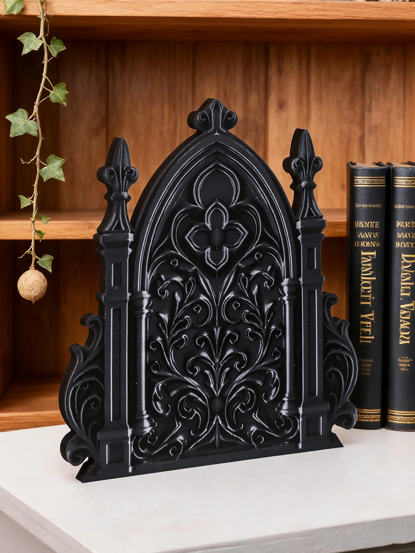 Gothic Black Castle Tabletop Ornament, Vintage Wooden Arch Shaped Design with Printed, Desktop & Shelf Decor for Home & Office