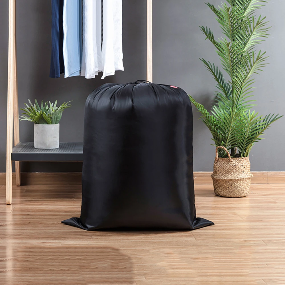 Black Foldable Storage Bags Waterproof Nylon Large Laundry Bag Machine Washable Sturdy Material Drawstring Closure  94x120cm