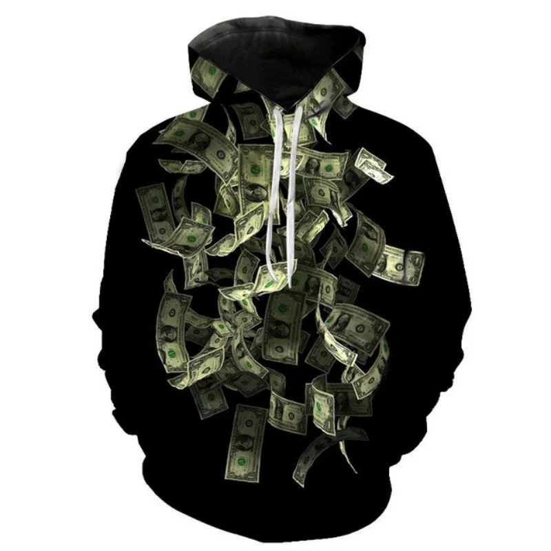 Fashion Dollar Banknotes Pattern Hoodies Trend Casual Long Sleeve Funny 3D Printed Sweatshirt Mens Streetwear Oversize Pullovers