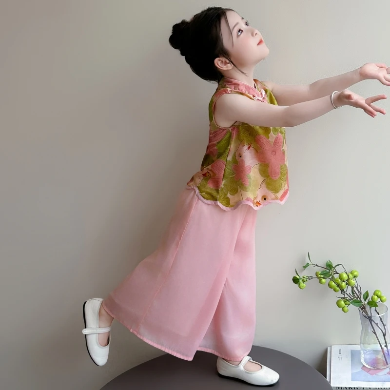 Preschool girls' new Chinese style two-piece clothing set, sleeveless flower embroidered top and wide leg pants set