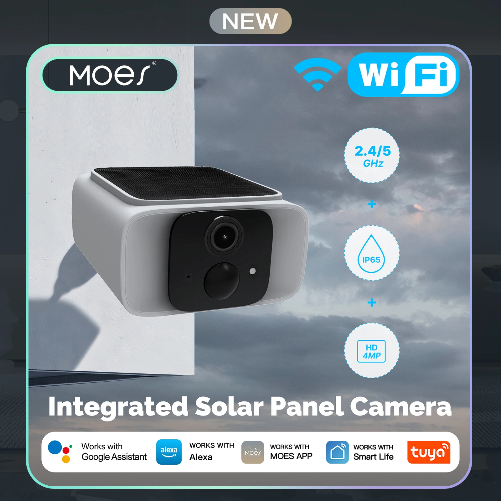 MOES Tuya WiFi 2.4GHz 5GHz Dual Band Smart Solar Power Panel Integrated Camera IP65 Waterproof APP Monitoring Alexa Google Home