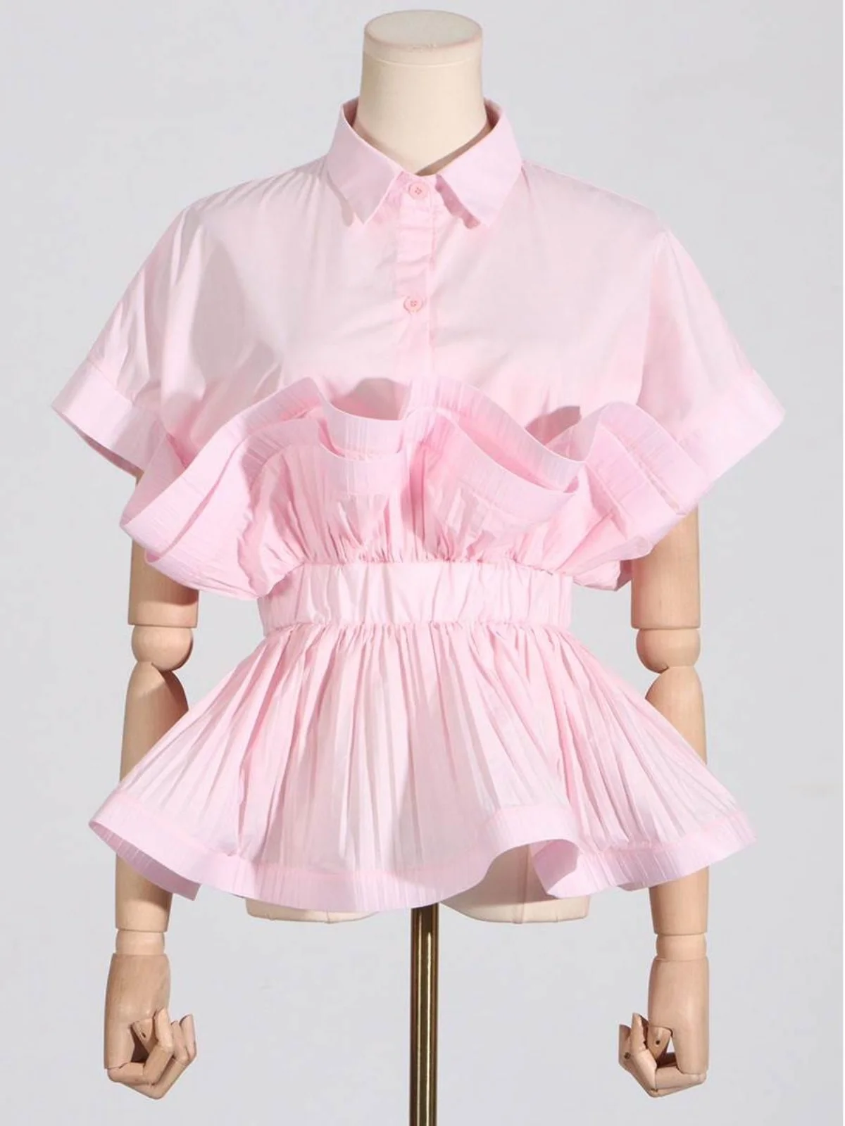 

Faionable Lapel Splicing Waist Women's irt ort Sve Turn-down Collar Pure Color T-irt Ele Flounce Detail